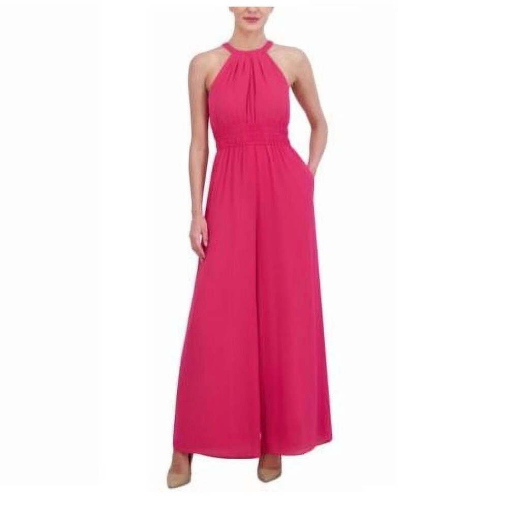 Vince Camuto Womens 12 Hot Pink Halter Neck Long Chiffon Jumpsuit NWT W34